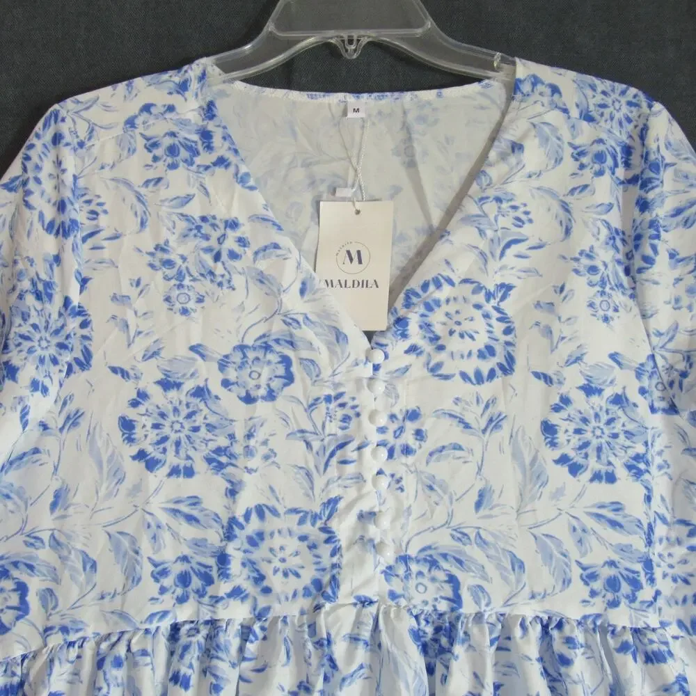 Maldila Dress Womens Size M White Blue Floral Maxi Boho Beach Resort Coastal NWT